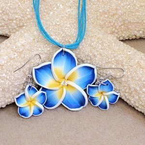 Blue Hawaiian Plumeria Flower Necklace Set